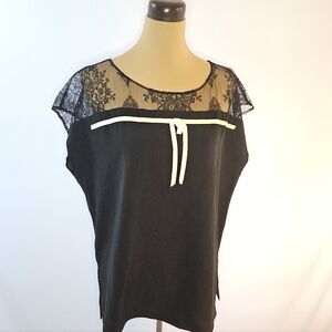Azadeh All Day Black Blouse with Sheer Lace Yoke & Cream Ribbon Bow Detail - M